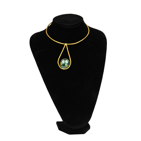 African Handmade Women Brass Necklace with Green Glass Pendant Women Brass Necklace, Green Glass Pendant