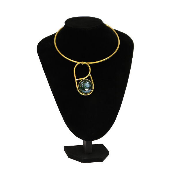 African Handmade Women Brass Necklace with a Green Glass Pendant