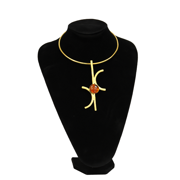 African Handmade Women’s Brass Necklace featuring a Red Glass Pendant on Brass