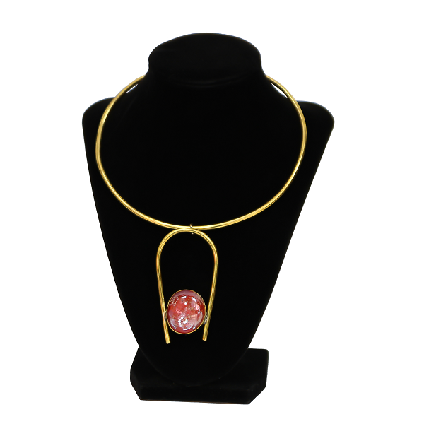 African Handmade Women Brass Necklace with a Pink Glass Pendant.