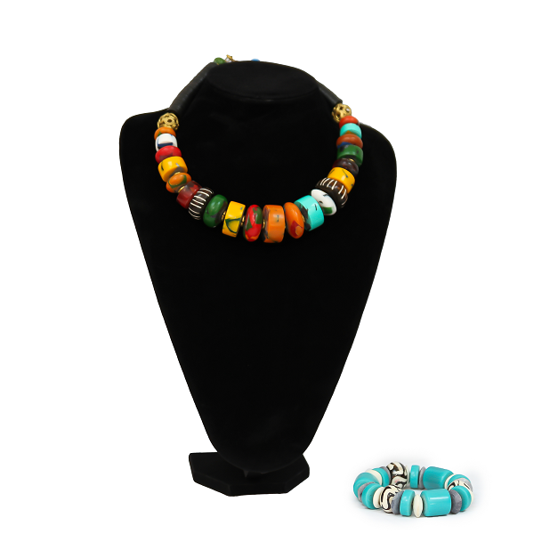 African Multicolored Trade Beads Necklace With Bracelet, Women Trade Beads and Blacelet