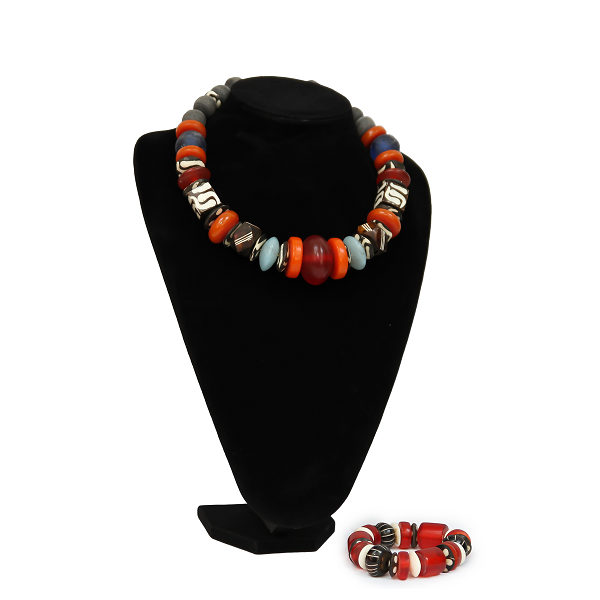 African Multicolored Trade Beads Necklace for Women and a Matching Bracelet