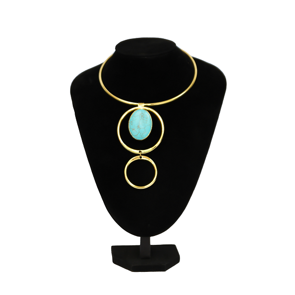 Turquoise Stone Pendant on African Brass Choker Necklace