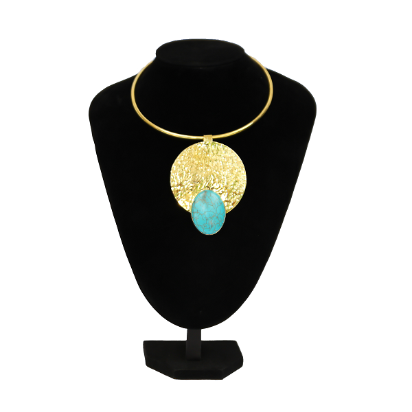 Turquoise Stone Pendant on African Brass Choker Necklace